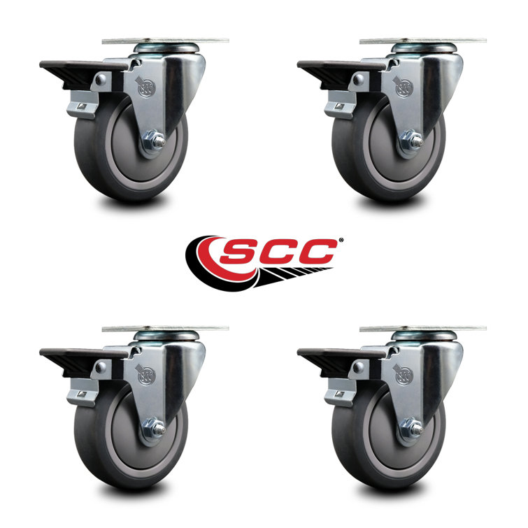 Service Caster 4 Inch Thermo Rubber Wheel Swivel Top Plate Caster Set